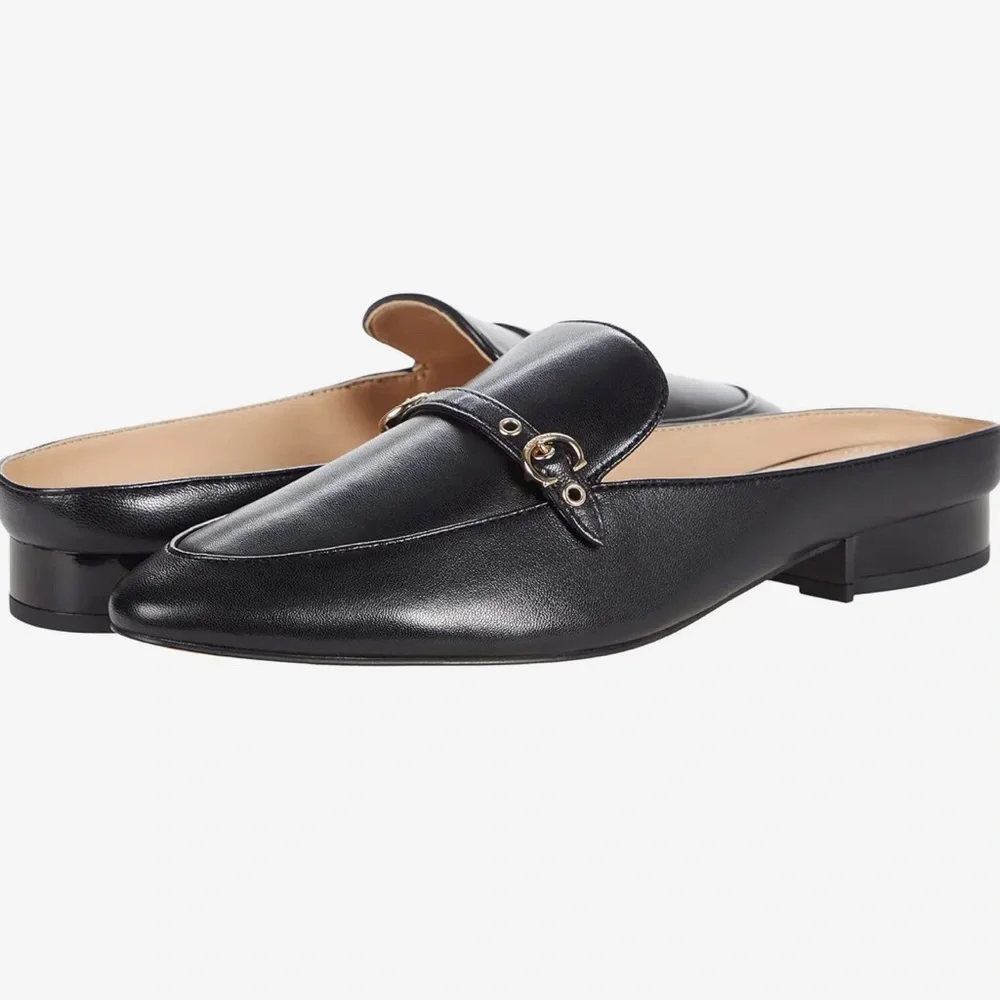 COACH BLACK ALL LEATHER IRENE MULE LOAFER EITH GOLD LOGO & HARDWARE, SIZE 7-B - Picture 1 of 16